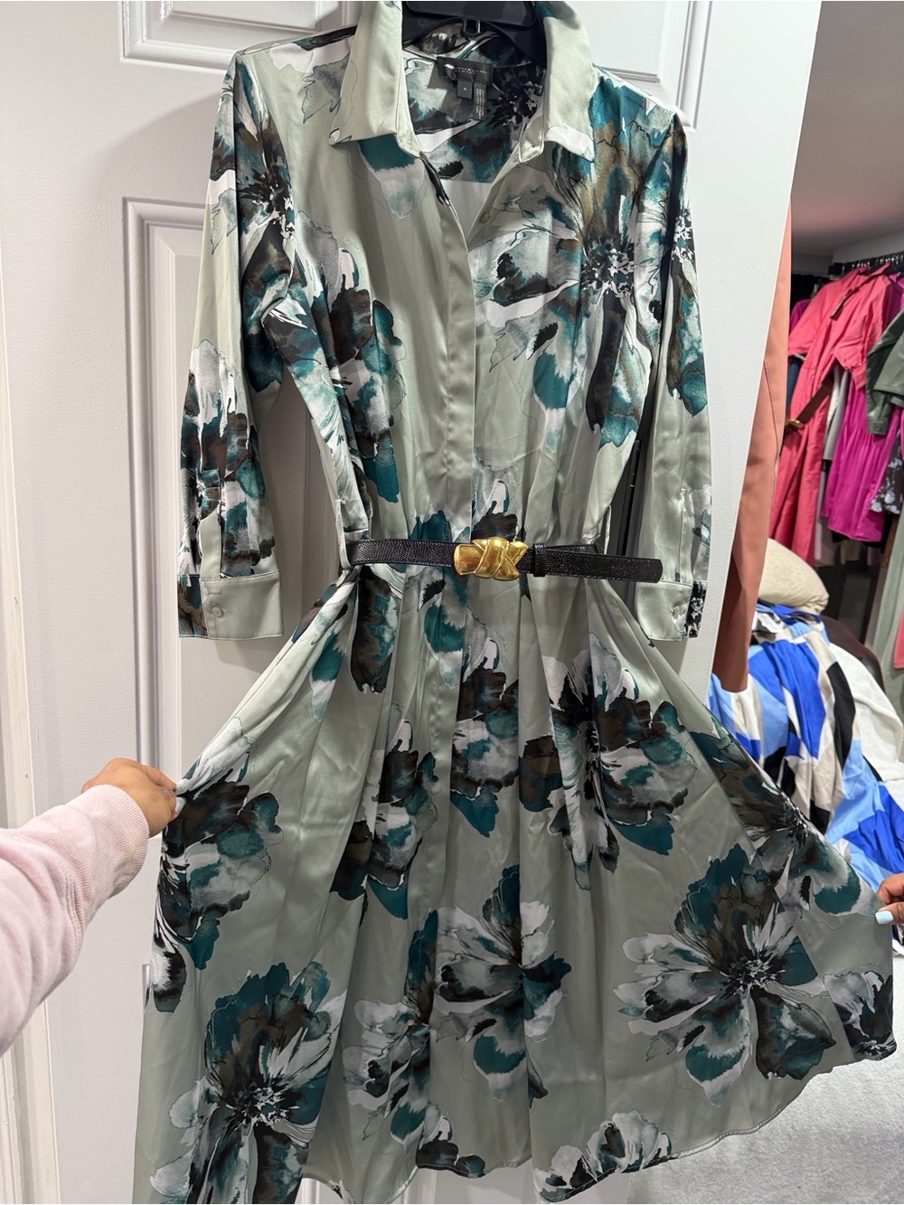 Donna Karan Sage Green Floral Midi Shirt Dress with Teal and Black Accents